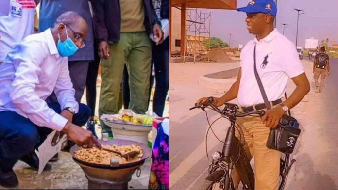 Diouf Sarr en vendeur de cacahuètes, Mansour Faye en cycliste